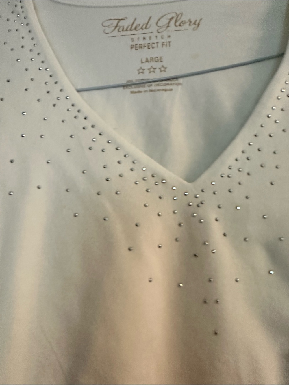 Faded Glory Cream V-Neck Tee with Rhinestone Detail